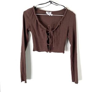 Princess Polly Brown Rib Tie Front Crop Long Sleeve Cardigan Scoop Neck